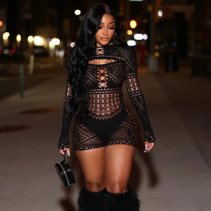 Sexy See Through Mesh Playsuit Women Rompers Long Sleeve Hollow Out Skinny Night Club Outfit One Pieces Jumpsuit Shorts Bodysuit