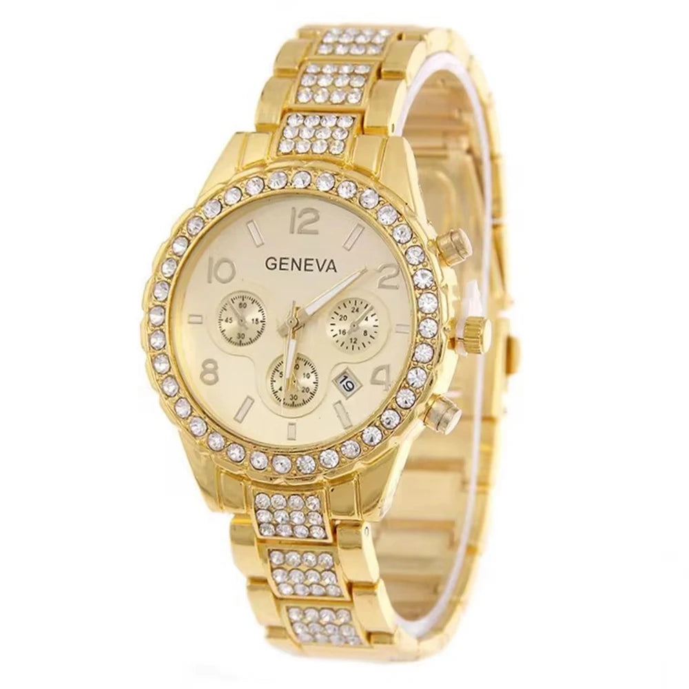 New Fashion Casual Women Watches Diamond Crystal Complete Calendar Gold Quartz Watch Women ClockGirl Rhinestone Relogio Feminino