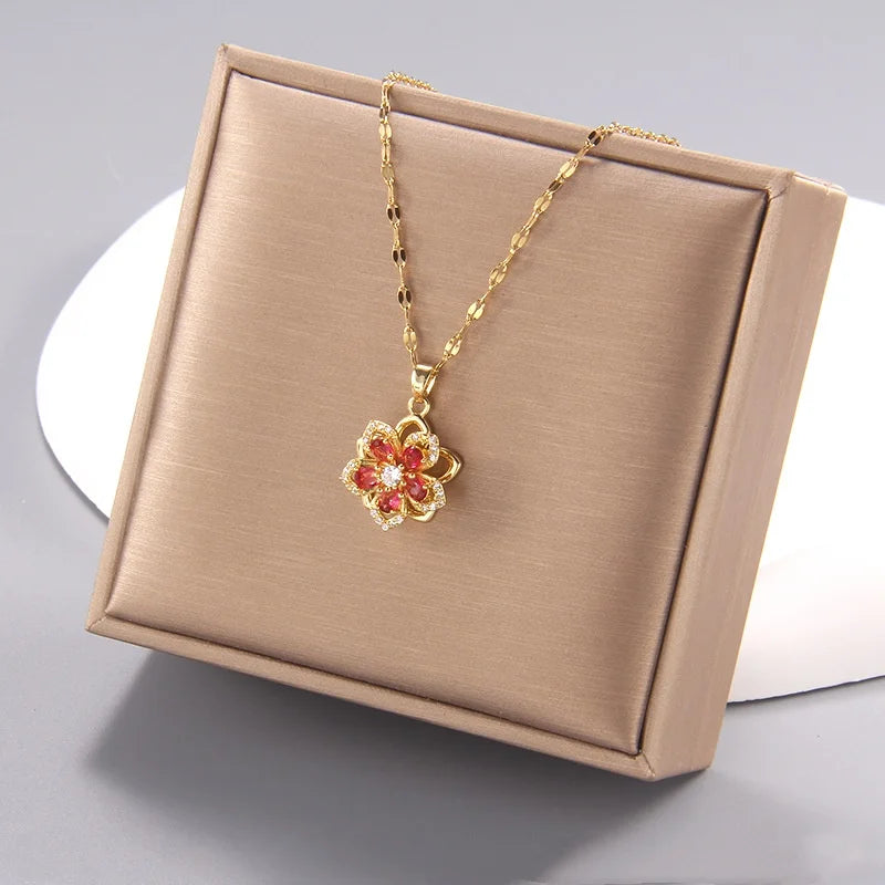 Exclusive 5-Petal Flower Windmill Pendant Necklace with Rotating Design and Elegant Titanium Steel Chain for Women