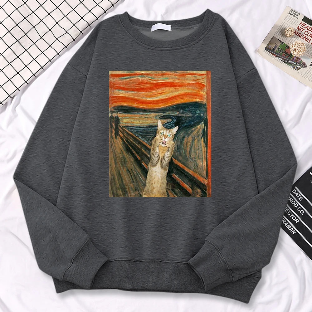 Casual Street Woman Pullover Oil Painting Cat'S Dusk Print Hoody Comfortable Fleece Sweatshirt Loose Warm Female Sportswears