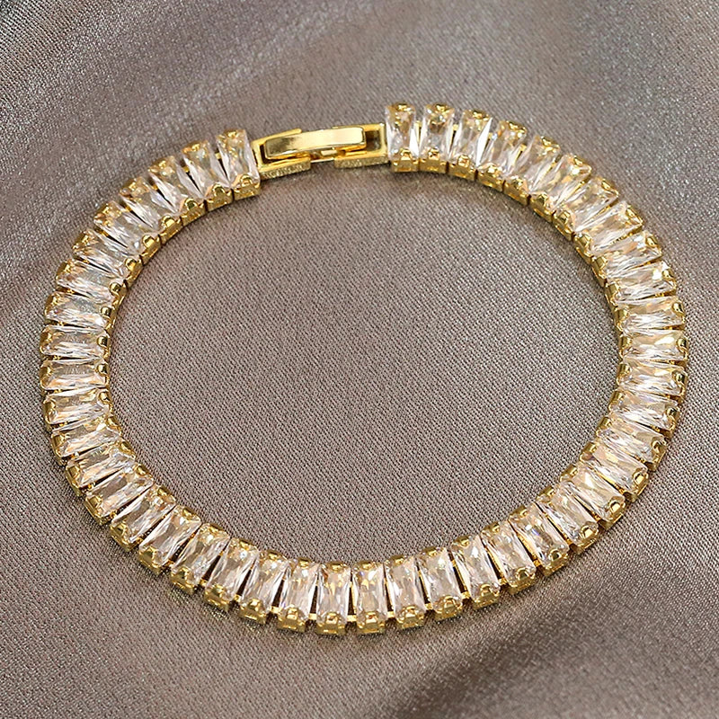 Fashion Korean Style Rectangle Zirconia Tennis Bracelets for Women Luxury Gold Color Crystal Party Jewelry