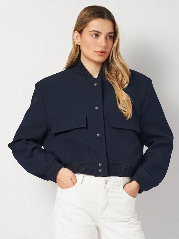 HH Women Casual Solid Bomber Jackets Fashion Long Sleeve Buttons Crop Coats Pockets Female 2025 Autumn Elegant Outerwear