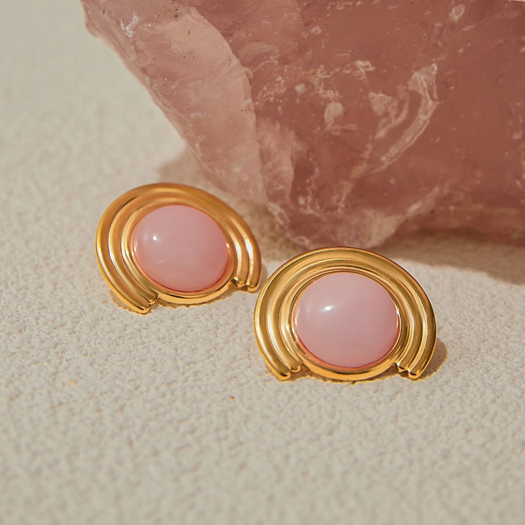 Uworld Designer Pink Natural Stone Ribbed Earrings 18K Gold Color Stainless Steel Round Earrings Women's Accessories Party Gift