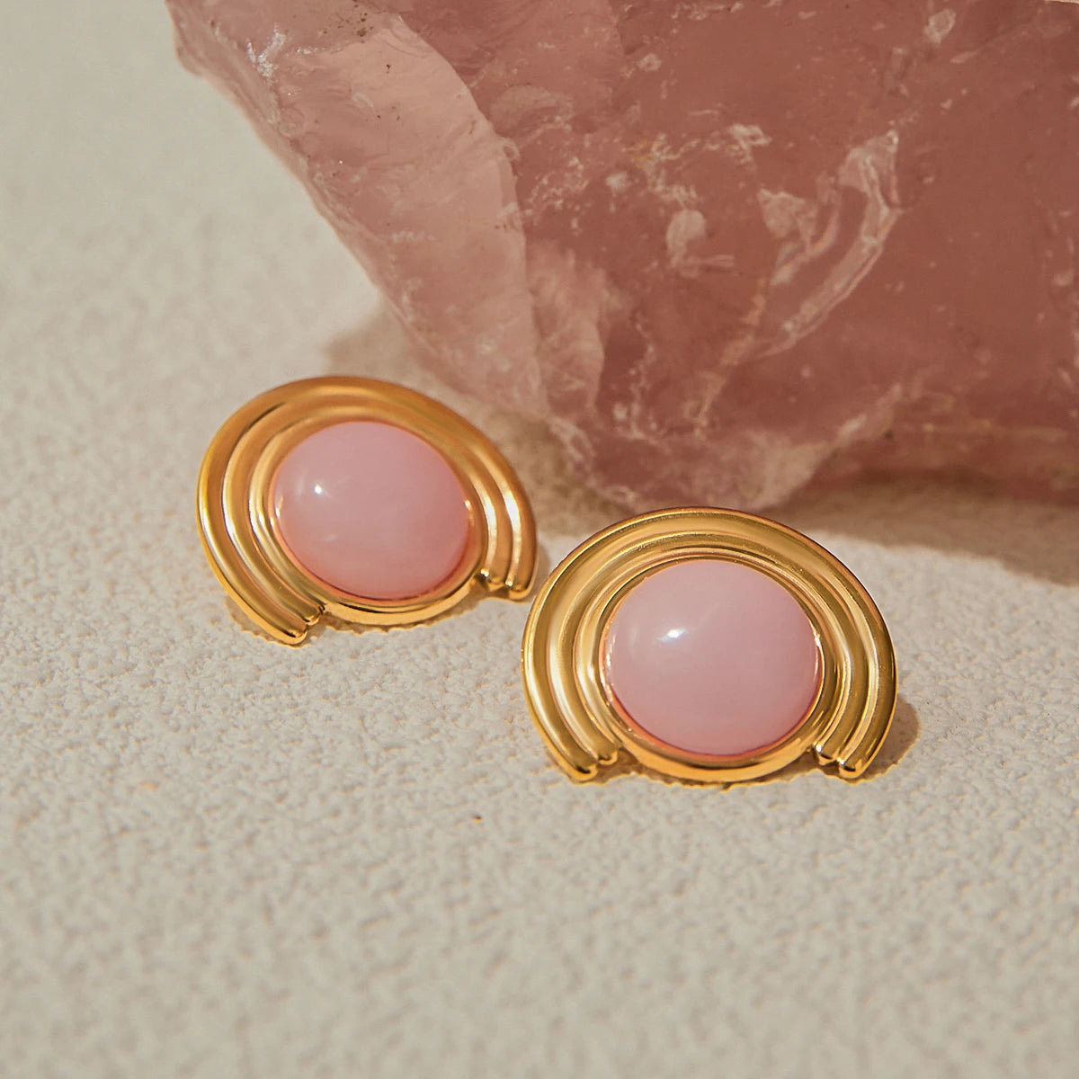 Uworld Designer Pink Natural Stone Ribbed Earrings 18K Gold Color Stainless Steel Round Earrings Women's Accessories Party Gift
