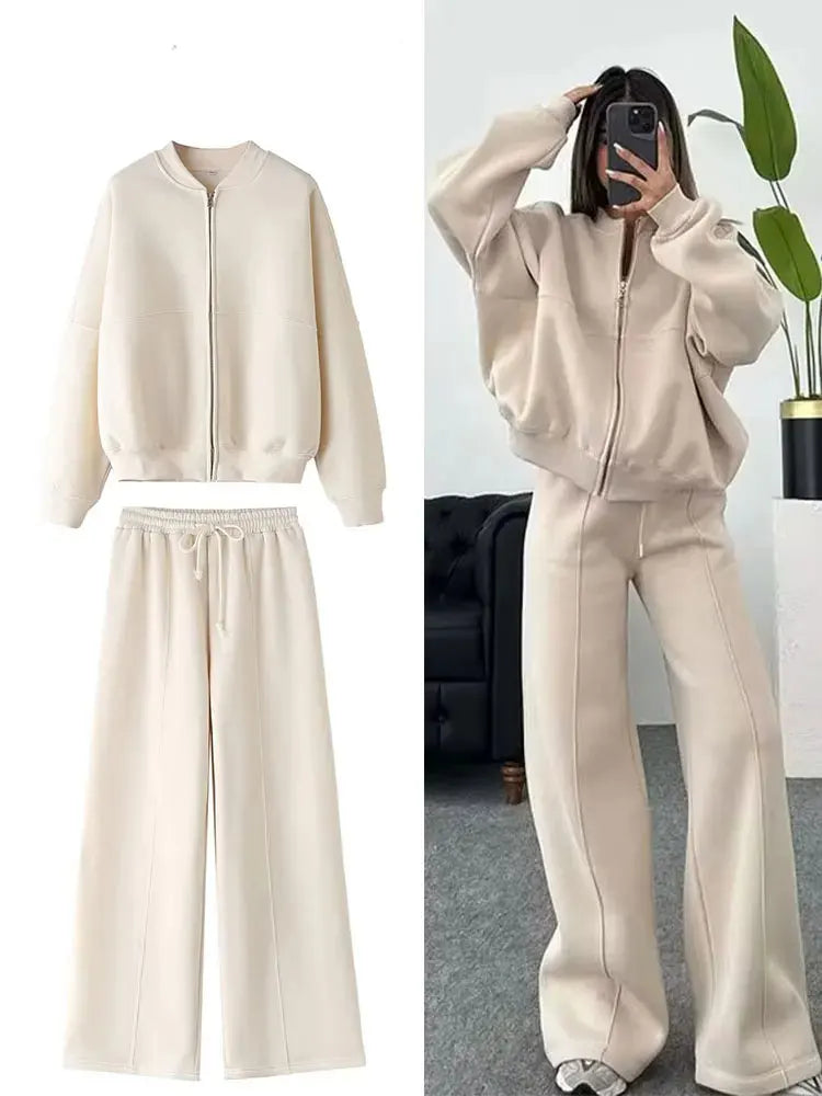 2025 Woman Solid Trousers Set Long Sleeves Zipper Coat Top + Elastic Waist Lace Up Wild Commute Female Wide Leg Long Pant