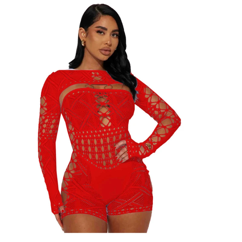 Sexy See Through Mesh Playsuit Women Rompers Long Sleeve Hollow Out Skinny Night Club Outfit One Pieces Jumpsuit Shorts Bodysuit