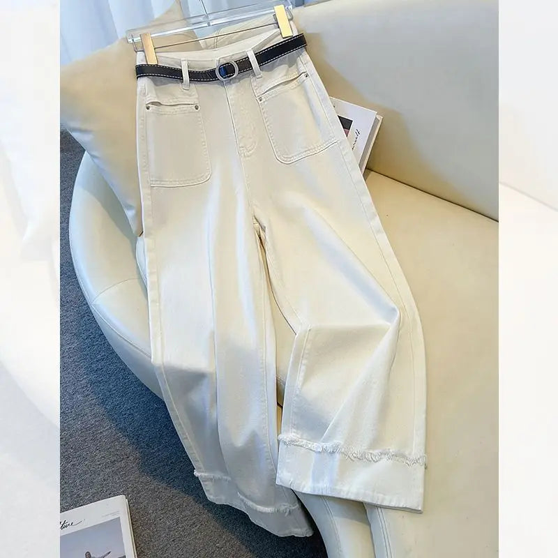 White Jeans Wide-leg Pants Women's Thin Summer Pants 2024 New High-waisted Raw Edge Small Straight Pants Women's Clothing Brief