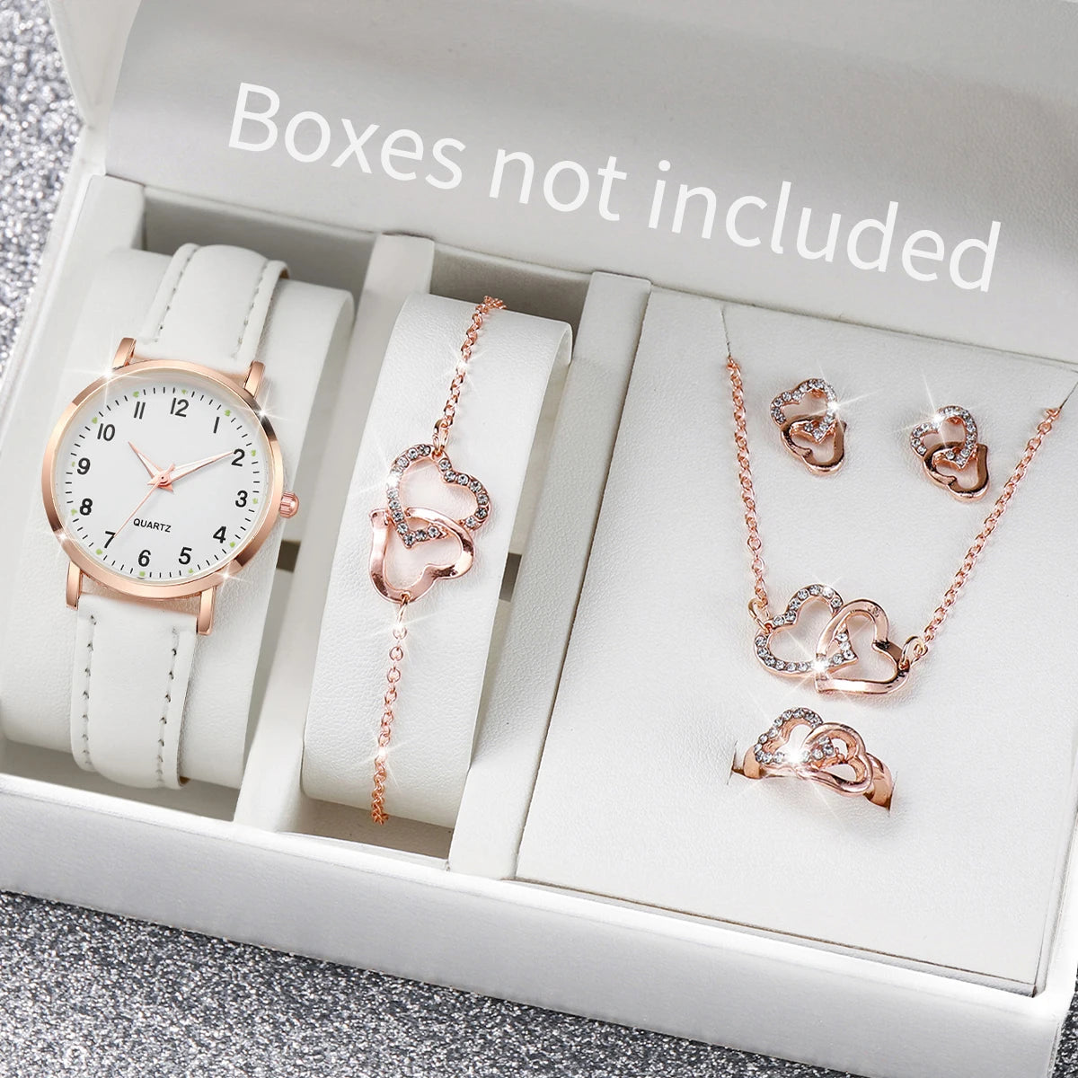 6PCS/Set Women's Watch Simple Arabic Dial Quartz Watch Fashion Leather Band Wristwatches Jewelry Set（Without Box）