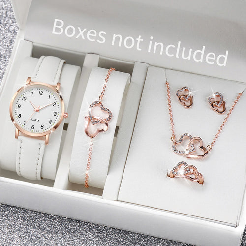6PCS/Set Women's Watch Simple Arabic Dial Quartz Watch Fashion Leather Band Wristwatches Jewelry Set（Without Box）