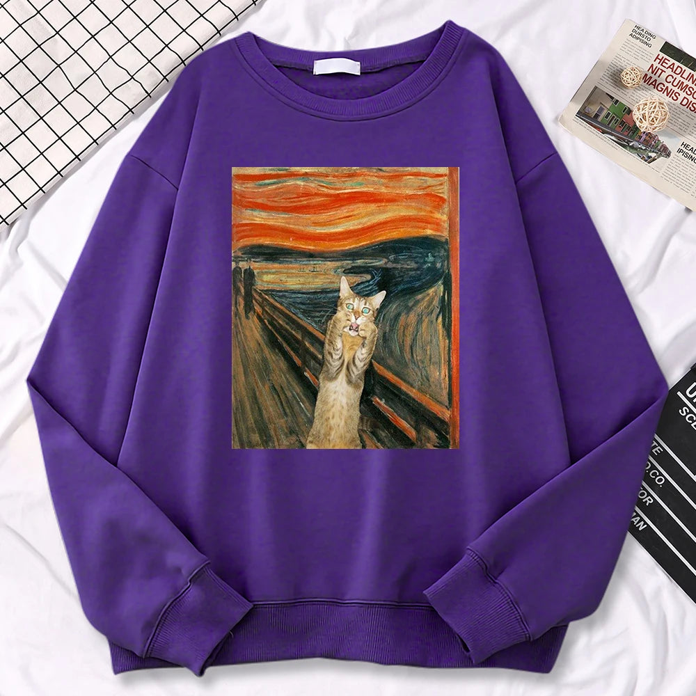 Casual Street Woman Pullover Oil Painting Cat'S Dusk Print Hoody Comfortable Fleece Sweatshirt Loose Warm Female Sportswears