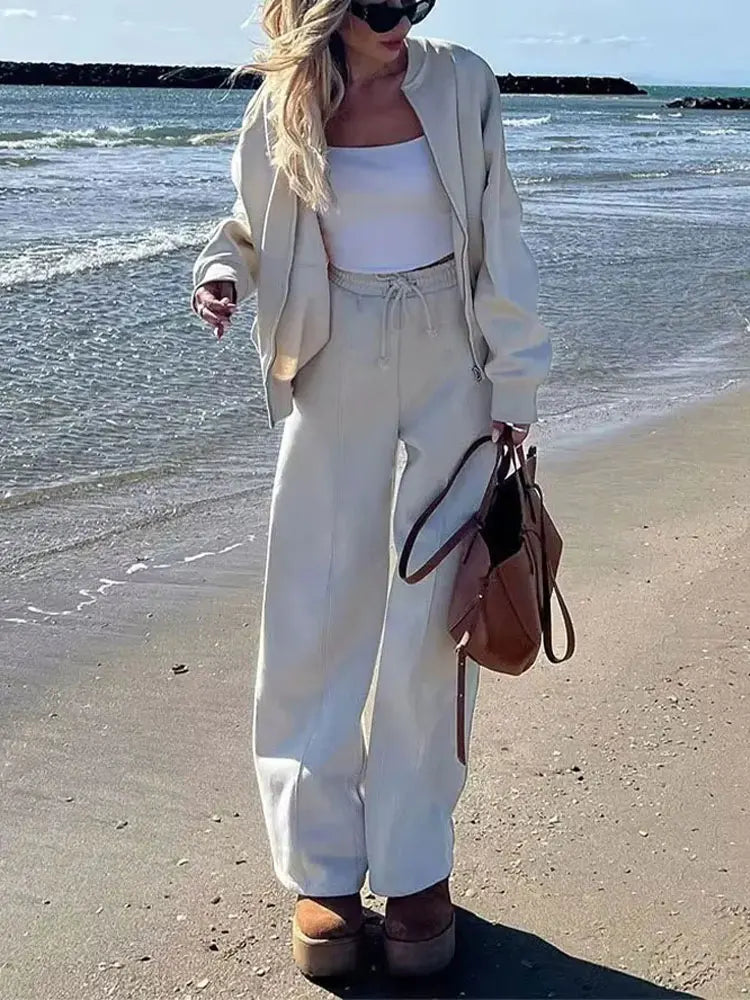 2025 Woman Solid Trousers Set Long Sleeves Zipper Coat Top + Elastic Waist Lace Up Wild Commute Female Wide Leg Long Pant