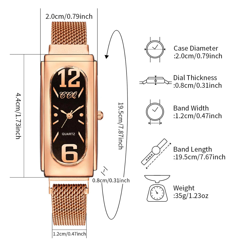 2PCS/Set Fashion Rectangle Women's Quartz Watch Magnet Buckle Mesh Band Watches Bracelet Set