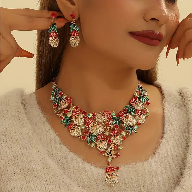 3pcs/set Elegant Lovely Christmas Jewelry Set, Rhinestone Santa Wreath Pendant Necklace+Earrings For Women Trendy Jewelry Gifts