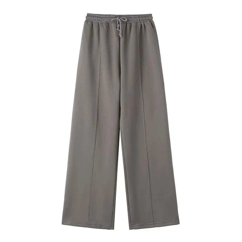2025 Woman Solid Trousers Set Long Sleeves Zipper Coat Top + Elastic Waist Lace Up Wild Commute Female Wide Leg Long Pant
