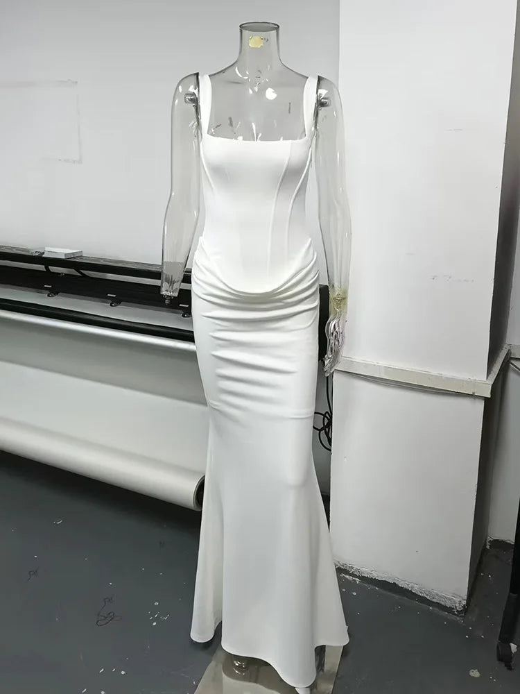 Typhaland Slim Pleated Maxi Dress For Women Sleeveless Sexy Plunge Evening Party Dress Summer 2026 Fashion Solid Female Clothes