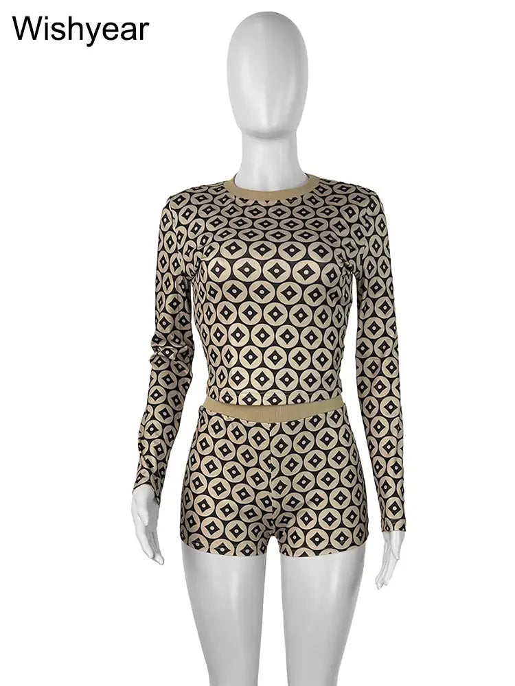 Casual O-neck Long Sleeve Top and Stretch Hip Package Shorts Women 2025 Spring Summer Sexy Slim Print Pants Two 2 Pieces Sets