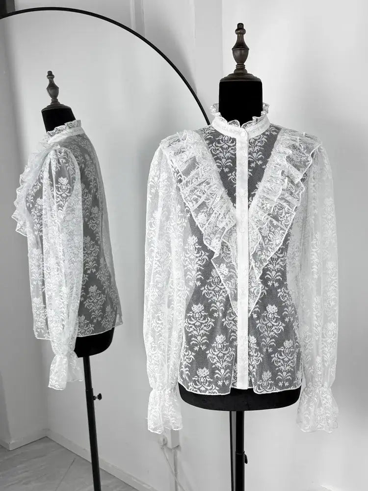 Tossy Lace Ruffled Printed Shirts Female See-Through Patchwork Lace-Up Long Sleeve Commute Clothes Top Women's Summer Blouses