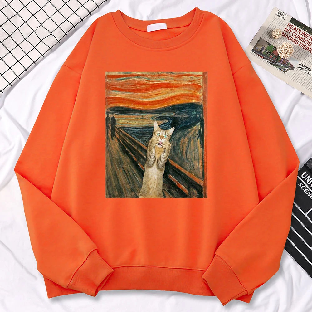 Casual Street Woman Pullover Oil Painting Cat'S Dusk Print Hoody Comfortable Fleece Sweatshirt Loose Warm Female Sportswears