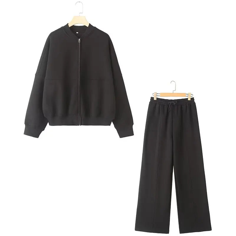 2025 Woman Solid Trousers Set Long Sleeves Zipper Coat Top + Elastic Waist Lace Up Wild Commute Female Wide Leg Long Pant