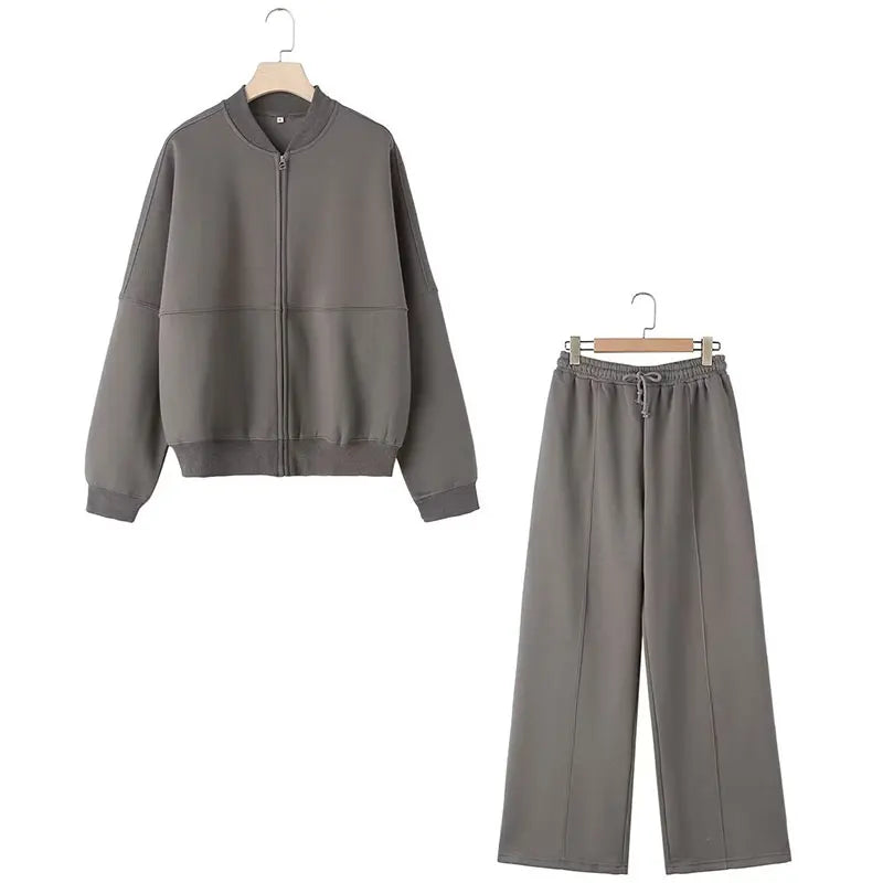 2025 Woman Solid Trousers Set Long Sleeves Zipper Coat Top + Elastic Waist Lace Up Wild Commute Female Wide Leg Long Pant