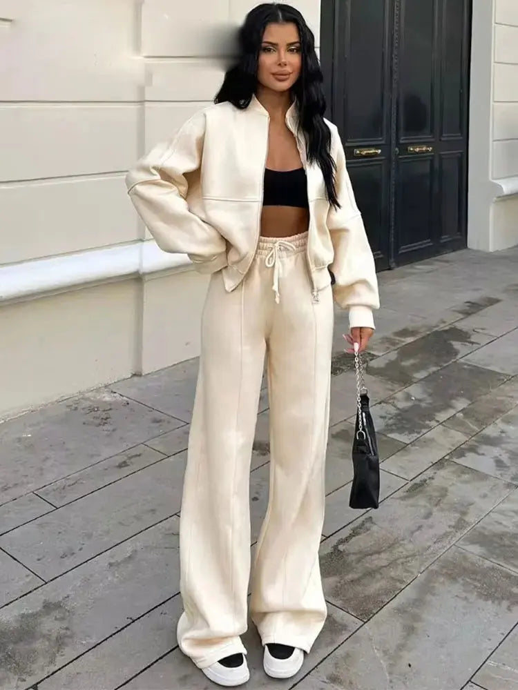 2025 Woman Solid Trousers Set Long Sleeves Zipper Coat Top + Elastic Waist Lace Up Wild Commute Female Wide Leg Long Pant