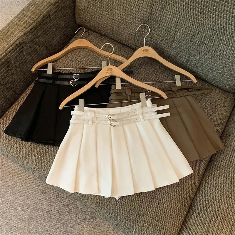 Women Pleated Mini Skirt with Dual Heart Belt for Teen-girl High Waist Tennis Skirt Preppy Summer Y2K Outfit
