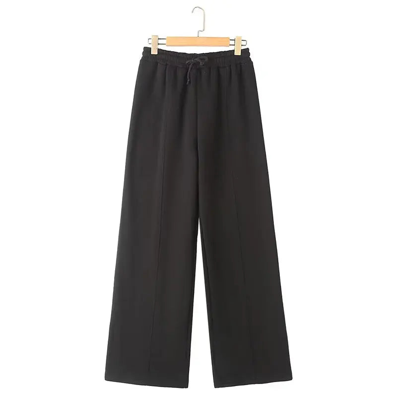2025 Woman Solid Trousers Set Long Sleeves Zipper Coat Top + Elastic Waist Lace Up Wild Commute Female Wide Leg Long Pant