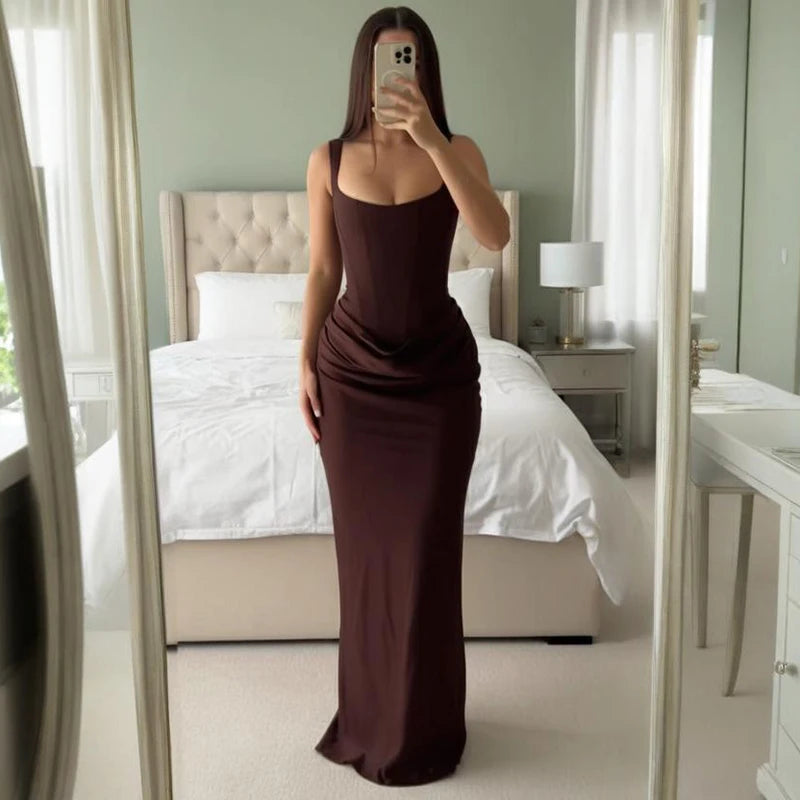 Typhaland Slim Pleated Maxi Dress For Women Sleeveless Sexy Plunge Evening Party Dress Summer 2026 Fashion Solid Female Clothes