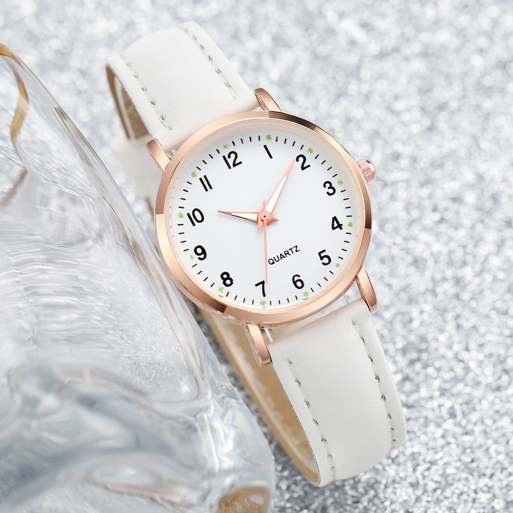 6PCS/Set Women's Watch Simple Arabic Dial Quartz Watch Fashion Leather Band Wristwatches Jewelry Set（Without Box）