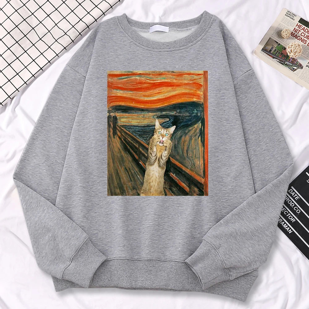 Casual Street Woman Pullover Oil Painting Cat'S Dusk Print Hoody Comfortable Fleece Sweatshirt Loose Warm Female Sportswears