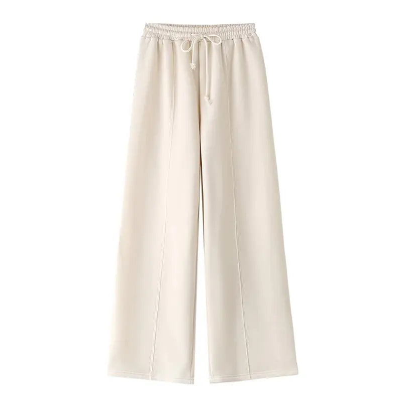 2025 Woman Solid Trousers Set Long Sleeves Zipper Coat Top + Elastic Waist Lace Up Wild Commute Female Wide Leg Long Pant