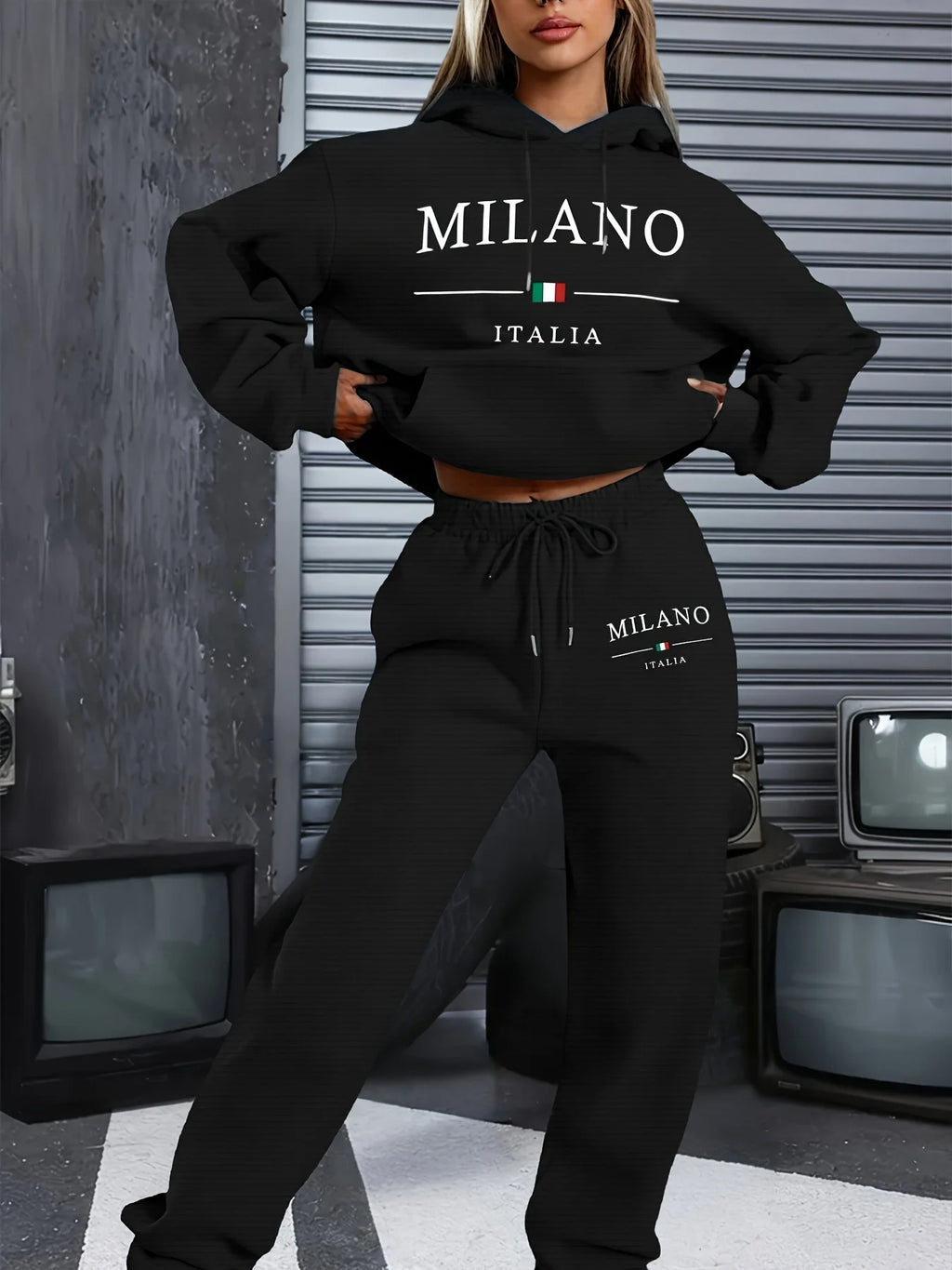 Women's Hoodie+Sweatpants Set Hip Hop Street Casual MILANO ITALIA Letter Printed Loose Sweatshirt Autumn Wool Warm Clothing