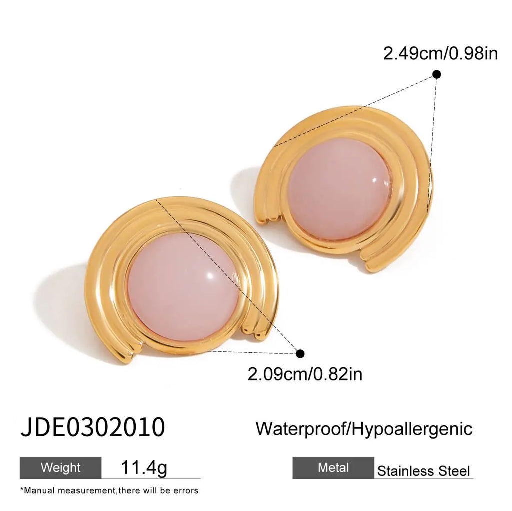 Uworld Designer Pink Natural Stone Ribbed Earrings 18K Gold Color Stainless Steel Round Earrings Women's Accessories Party Gift