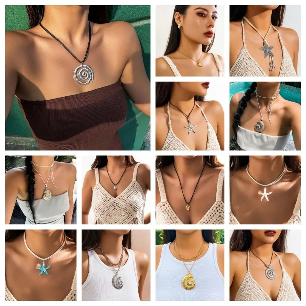 Pendant Conch Clavicle Chain Vintage Bohemian Style Y2K Accessories Starfish Necklace Gold Beach Choker Women
