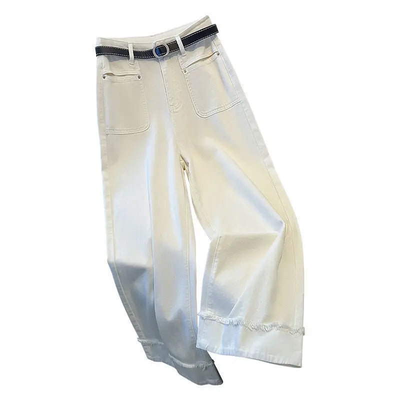 White Jeans Wide-leg Pants Women's Thin Summer Pants 2024 New High-waisted Raw Edge Small Straight Pants Women's Clothing Brief
