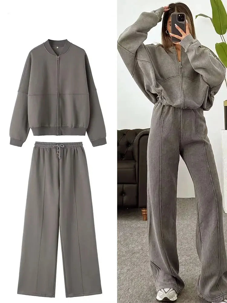 2025 Woman Solid Trousers Set Long Sleeves Zipper Coat Top + Elastic Waist Lace Up Wild Commute Female Wide Leg Long Pant