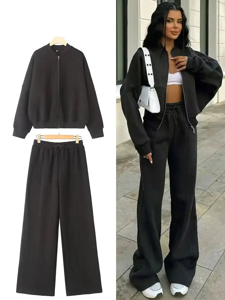 2025 Woman Solid Trousers Set Long Sleeves Zipper Coat Top + Elastic Waist Lace Up Wild Commute Female Wide Leg Long Pant