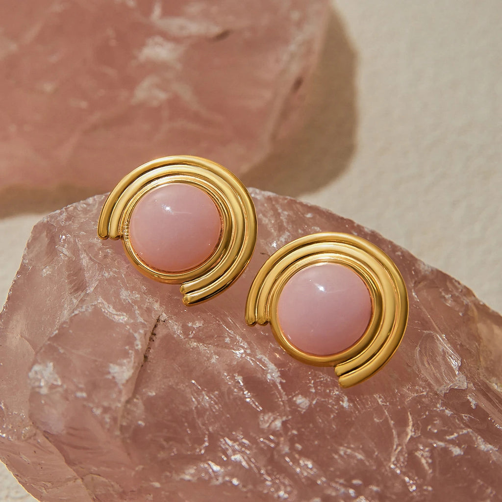 Uworld Designer Pink Natural Stone Ribbed Earrings 18K Gold Color Stainless Steel Round Earrings Women's Accessories Party Gift
