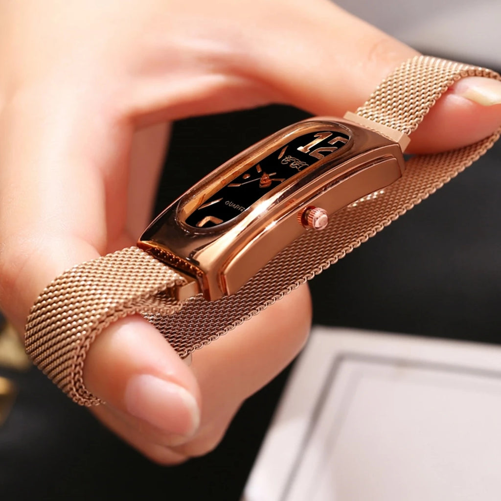 2PCS/Set Fashion Rectangle Women's Quartz Watch Magnet Buckle Mesh Band Watches Bracelet Set
