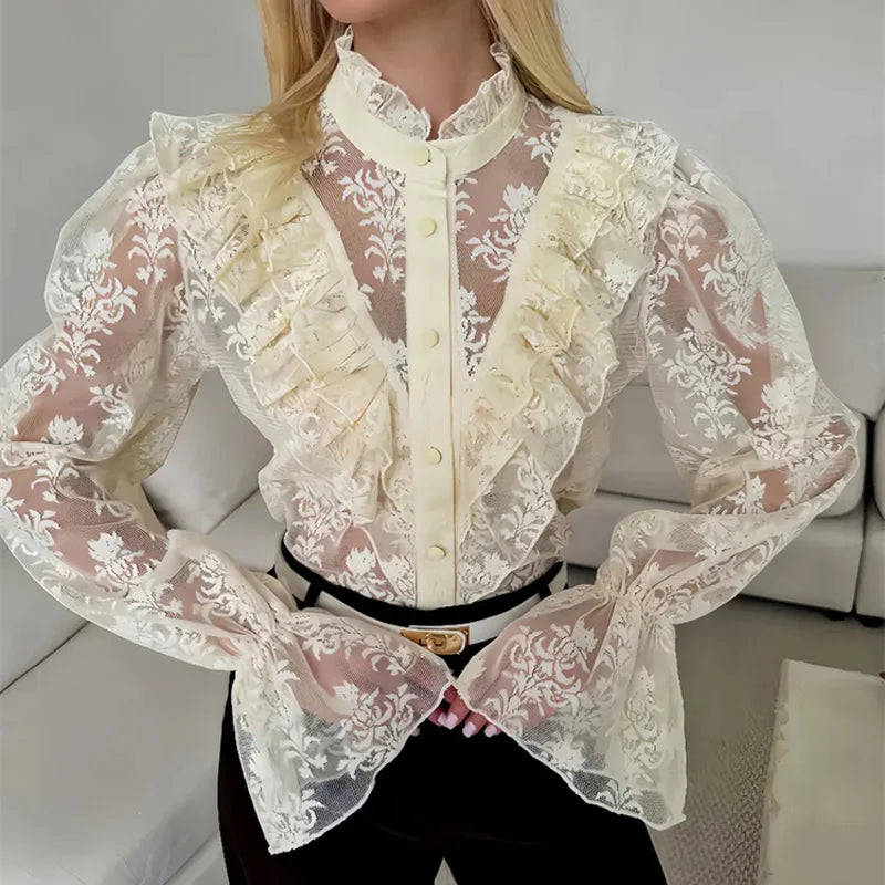 Tossy Lace Ruffled Printed Shirts Female See-Through Patchwork Lace-Up Long Sleeve Commute Clothes Top Women's Summer Blouses