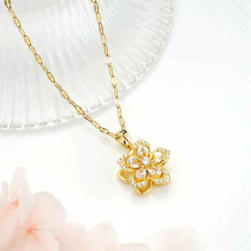 Exclusive 5-Petal Flower Windmill Pendant Necklace with Rotating Design and Elegant Titanium Steel Chain for Women