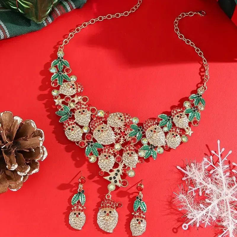 3pcs/set Elegant Lovely Christmas Jewelry Set, Rhinestone Santa Wreath Pendant Necklace+Earrings For Women Trendy Jewelry Gifts