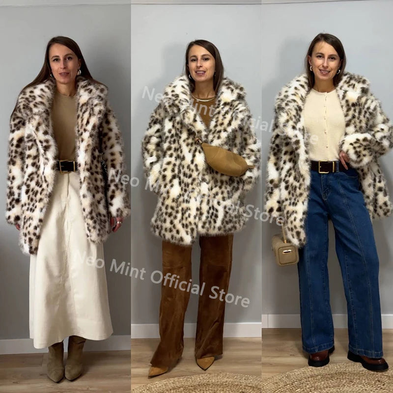 Neo Mint Exclusive Long Brown Leopard Fox Fur Coat Women Winter 2024 New Luxury Hot Brand Fashion Girls Faux Fur Jacket Overcoat