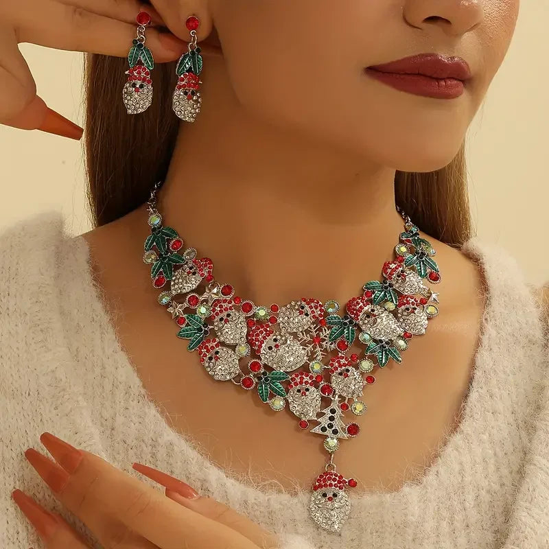 3pcs/set Elegant Lovely Christmas Jewelry Set, Rhinestone Santa Wreath Pendant Necklace+Earrings For Women Trendy Jewelry Gifts