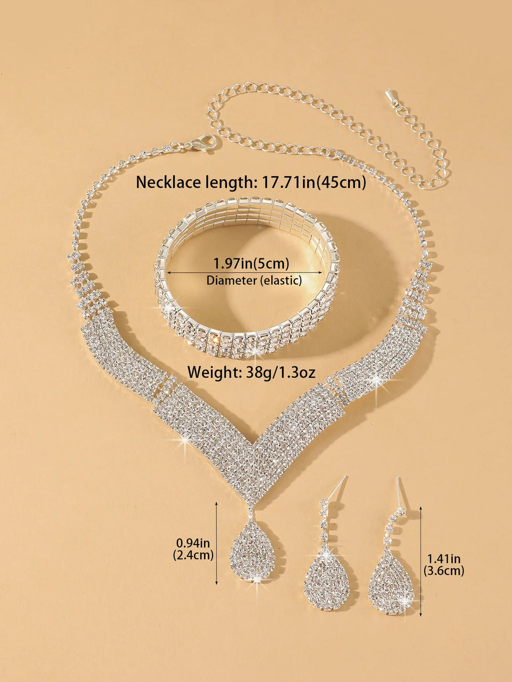 Three Pieces of Source Temperament Luxury Shiny Rhinestone Necklace Earrings Set Bridal Jewellery Love Pendant Ear