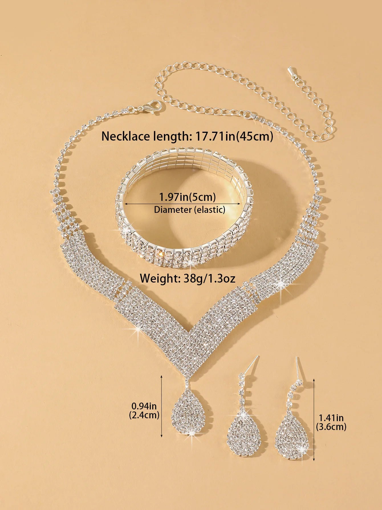Three Pieces of Source Temperament Luxury Shiny Rhinestone Necklace Earrings Set Bridal Jewellery Love Pendant Ear