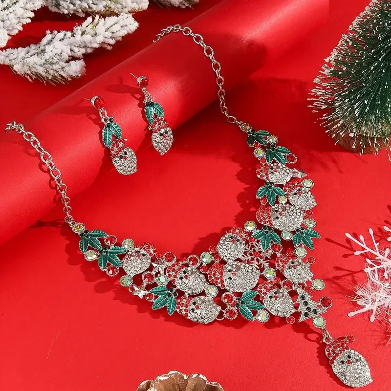 3pcs/set Elegant Lovely Christmas Jewelry Set, Rhinestone Santa Wreath Pendant Necklace+Earrings For Women Trendy Jewelry Gifts