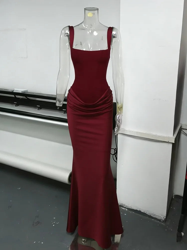 Typhaland Slim Pleated Maxi Dress For Women Sleeveless Sexy Plunge Evening Party Dress Summer 2026 Fashion Solid Female Clothes