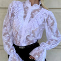 Tossy Lace Ruffled Printed Shirts Female See-Through Patchwork Lace-Up Long Sleeve Commute Clothes Top Women's Summer Blouses