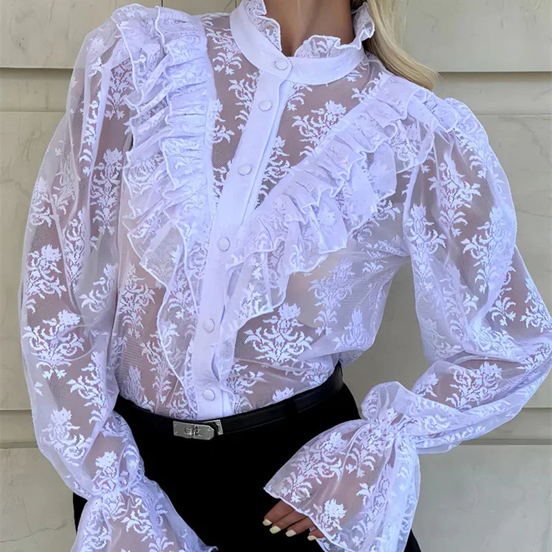 Tossy Lace Ruffled Printed Shirts Female See-Through Patchwork Lace-Up Long Sleeve Commute Clothes Top Women's Summer Blouses